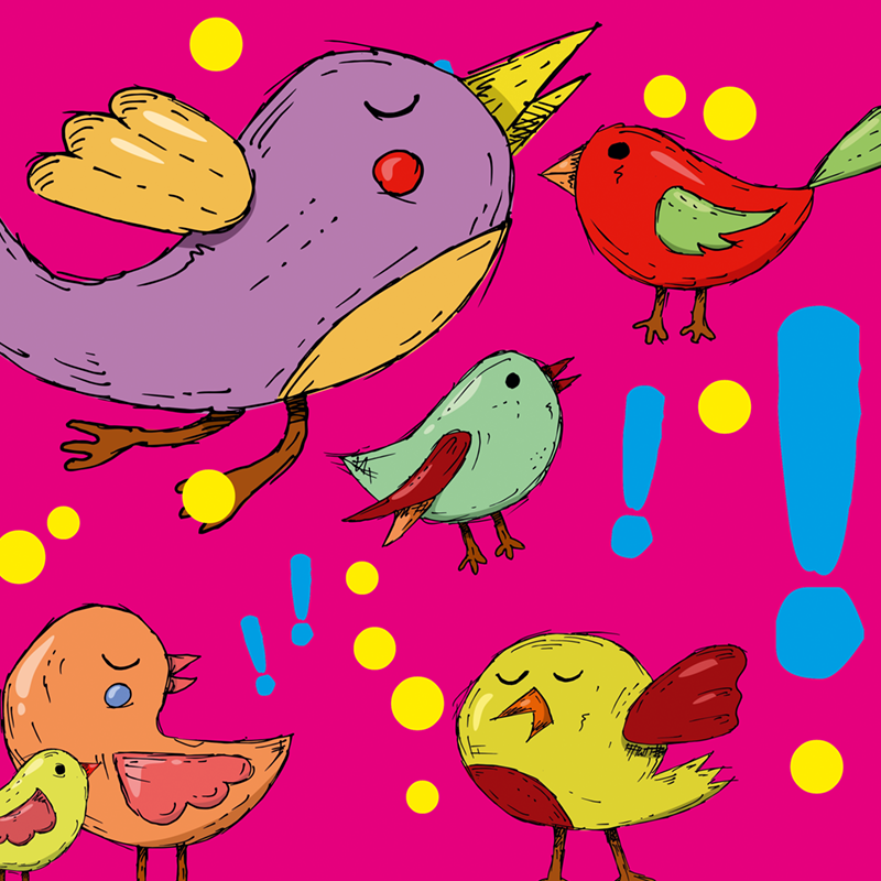 Na rysunku kilka ćwierkających kolorowych ptaszków wśród kropek i wykrzykników.