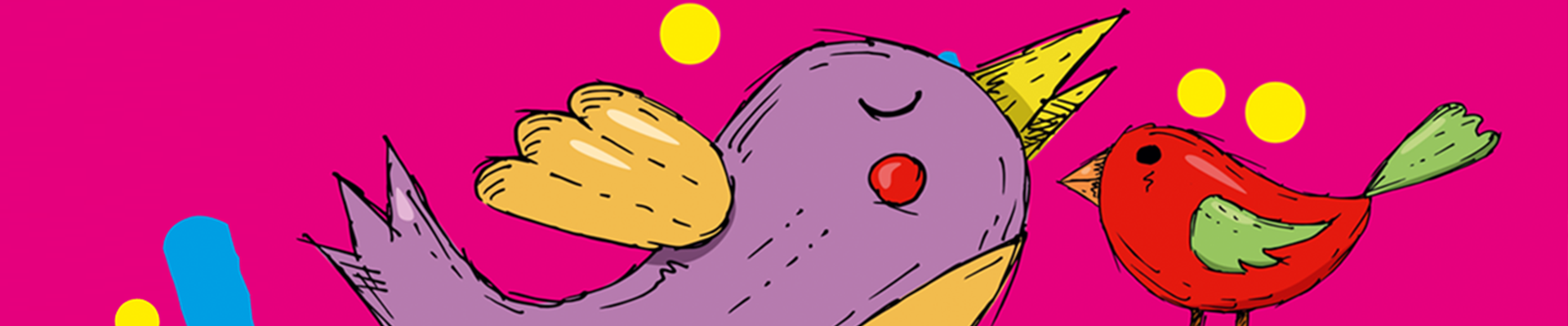 Na rysunku kilka ćwierkających kolorowych ptaszków wśród kropek i wykrzykników.