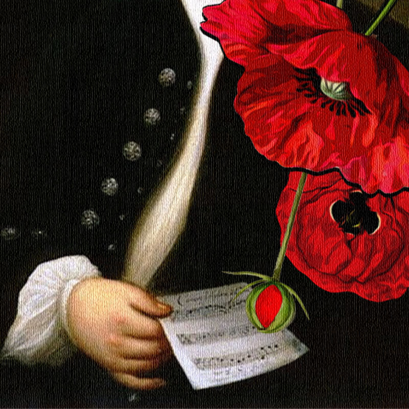 Grafika: Johann Sebastian Bach (61 lat) na portrecie Eliasa Gottloba Haussmanna (fragment), na 1 planie kwitnące maki.