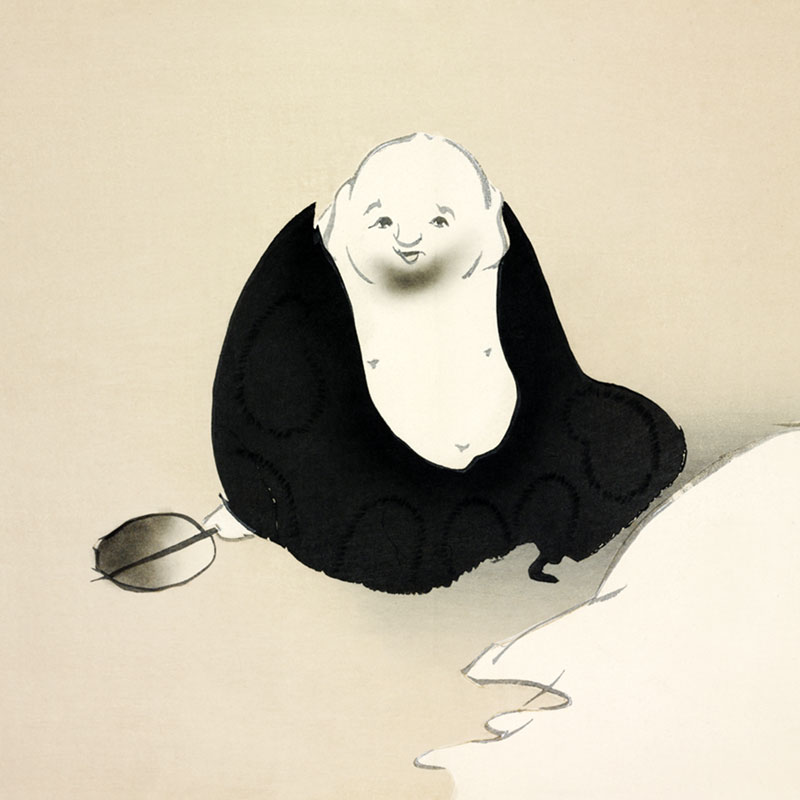 Ilustracja Kamisaka Sekka (1866–1942): stary mężczyzna z wachlarzem i w kimonie siedzący nad brzegiem wody.