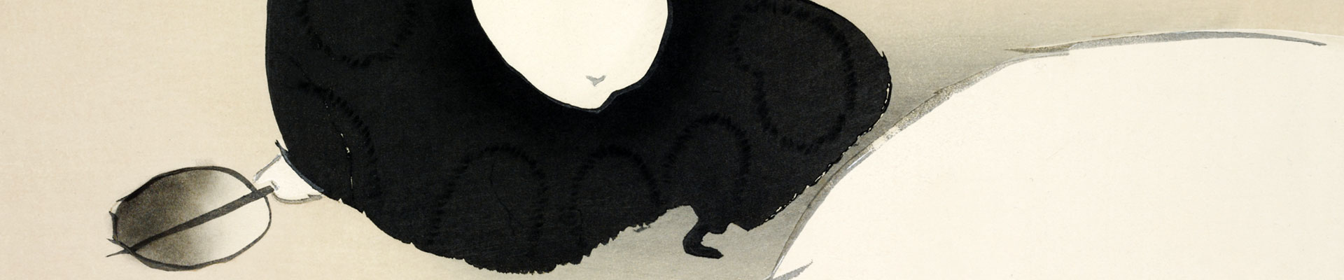 Ilustracja Kamisaka Sekka (1866–1942): stary mężczyzna z wachlarzem i w kimonie siedzący nad brzegiem wody.