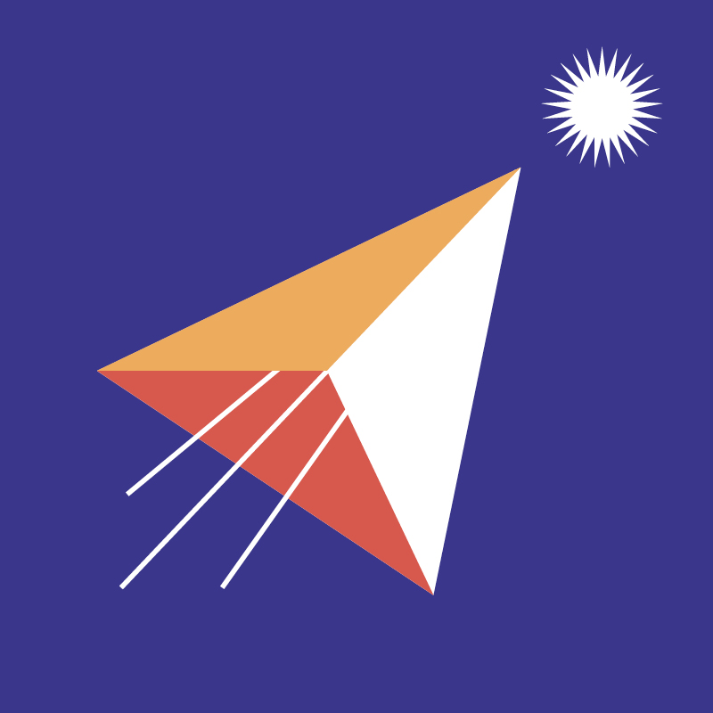 Grafik przedstwi geomtryczny kolorowy kształt rkiety, na niebieskim tle.