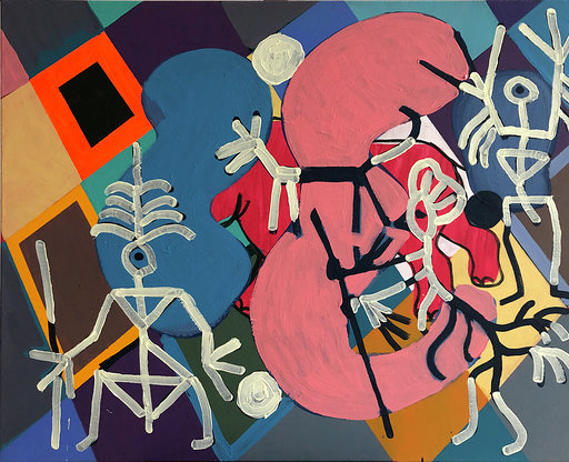 Na zdjęciu fragment obrazu artysty. Na geometrycznych czworobokach w tle namalowane abstrakcyjne postaci. Postacie przypominające plemiona namalowane kreską na podobieństwo ludzika z zapałek.