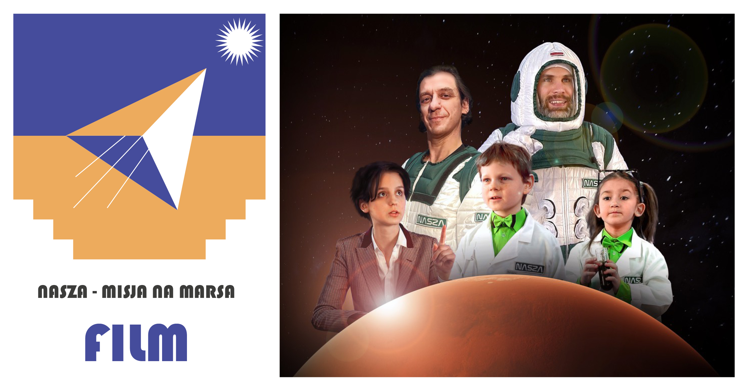 Baner grficzny, przedstawia ilustracje lecącej rakiety oraz zdjęcie, montaż postaci , 3 dorosłych i 2 dzieci w strojach kosmonautów z planetą Mars poniżej.