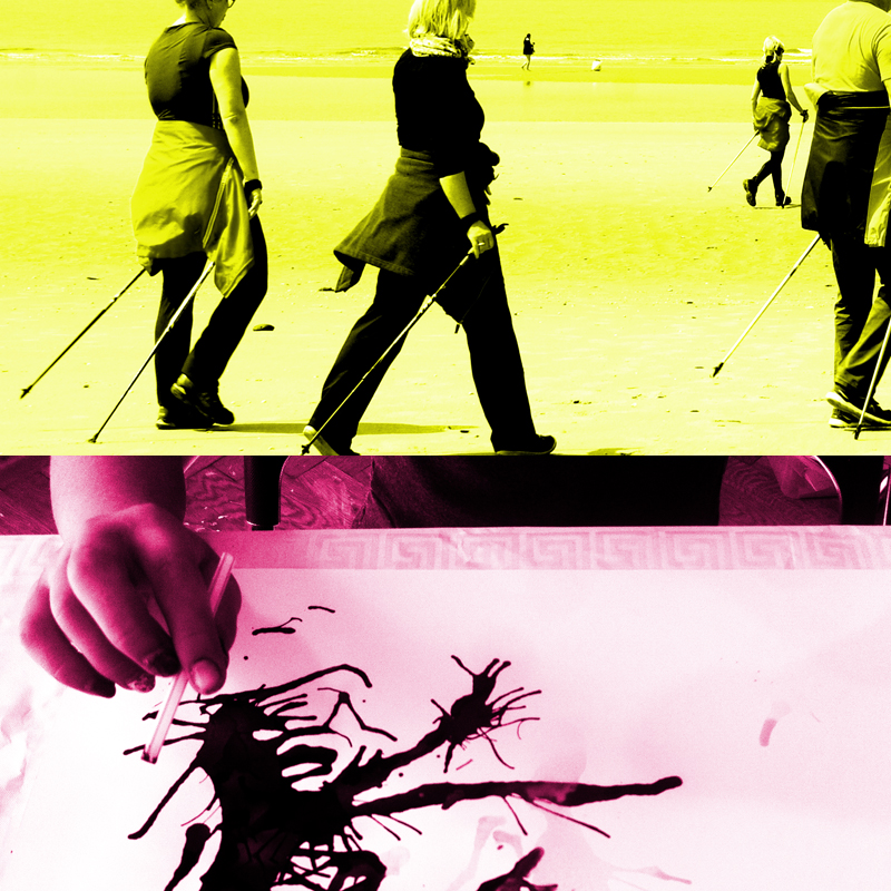 Kolaż fotograficzny: dziecięca dłoń z pędzlem nad kleksem, osoby spacerujące z kijkami,