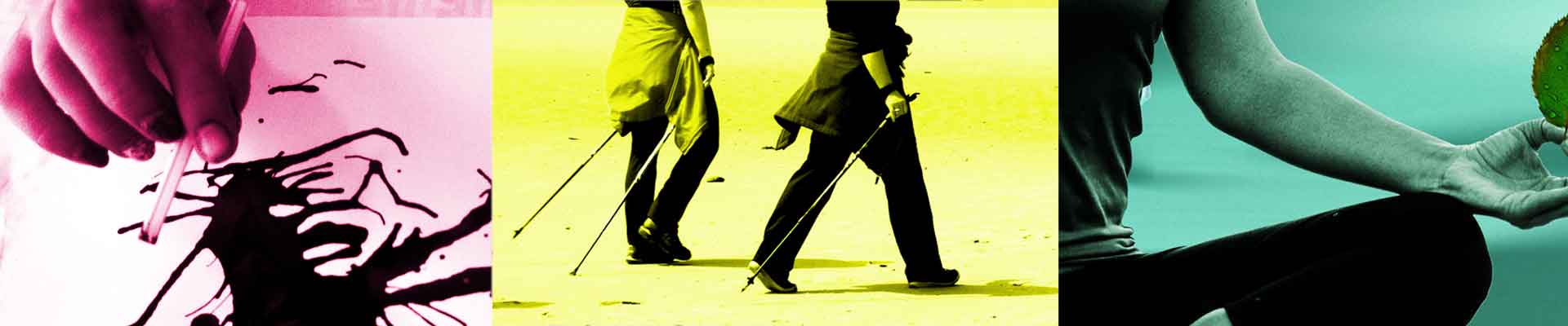 Kolaż fotograficzny: dziecięca dłoń z pędzlem nad kleksem, osoby spacerujące z kijkami, fragment postaci siedzącej w pozycji kwiatu lotosu.