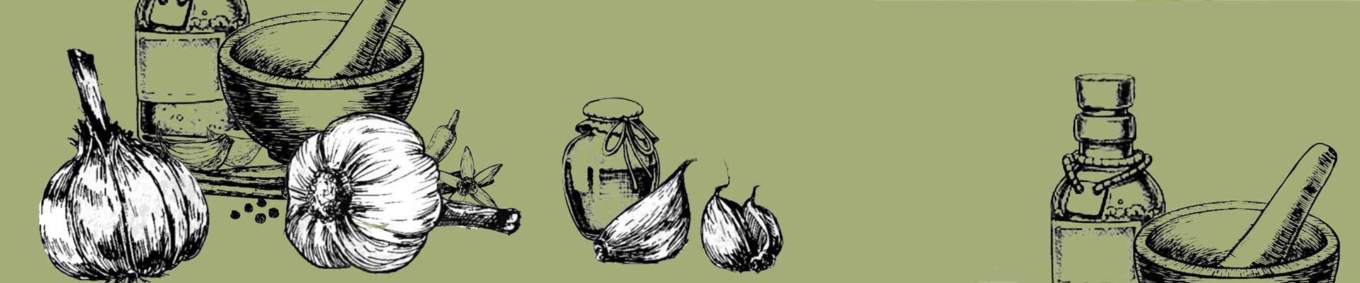 Liniowy rysunek czosnku, moździerza i buteleczek z miksturami
