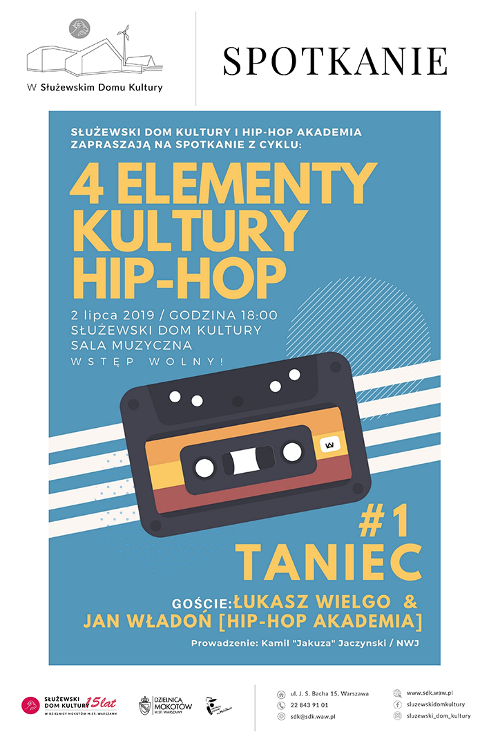 Plakat reklamowy. Na plakacie widoczna jest ilustracja dawnej kasety magnetofonowej na niebieskim tle.