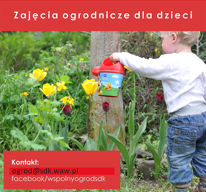 Grafika zapowiadająca wydarzenie przedstawia małego chłopca, które podlewa kwiatki konewką 