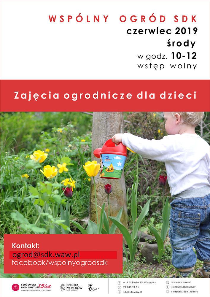 Plakat reklamowy. Na plakacie widać małego chłopca, który podlewa kwiatki konewką. 