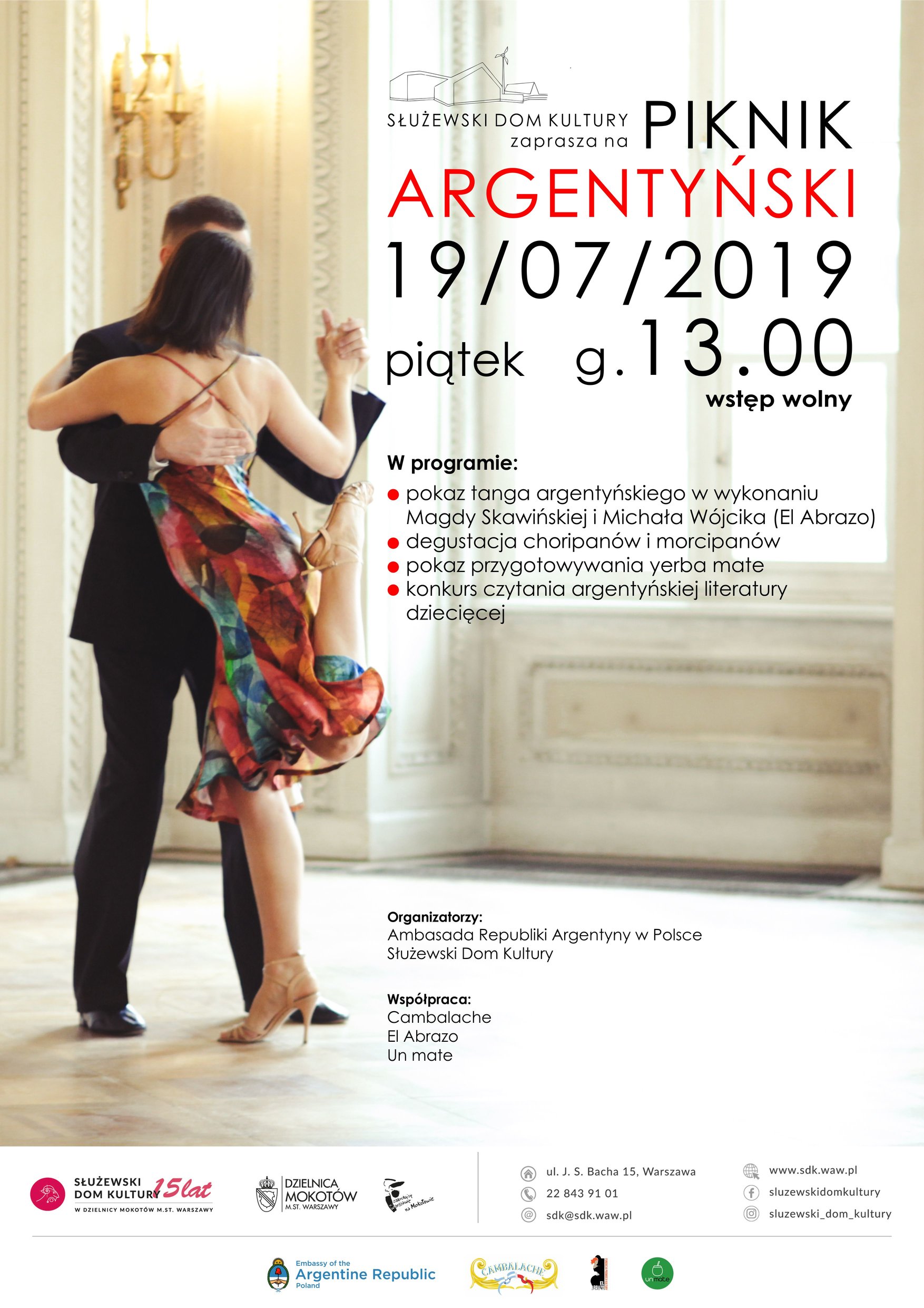 Plakat promujący wydarzenie. W tle para tańcząca tango argentyńskie
