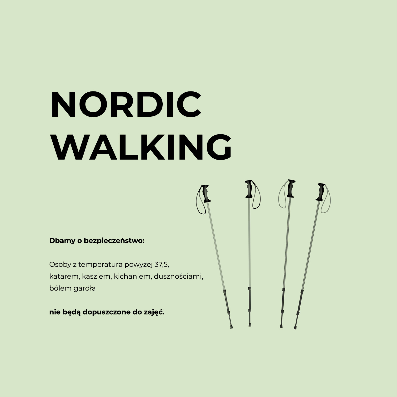 Na grafice na zielonym tle ilustracje kijków do Nordic Walking. Oprócz ilustracji na plakacie znajdują się informacje dotyczące daty i godziny spotkania, dostępne w treści artykułu. 