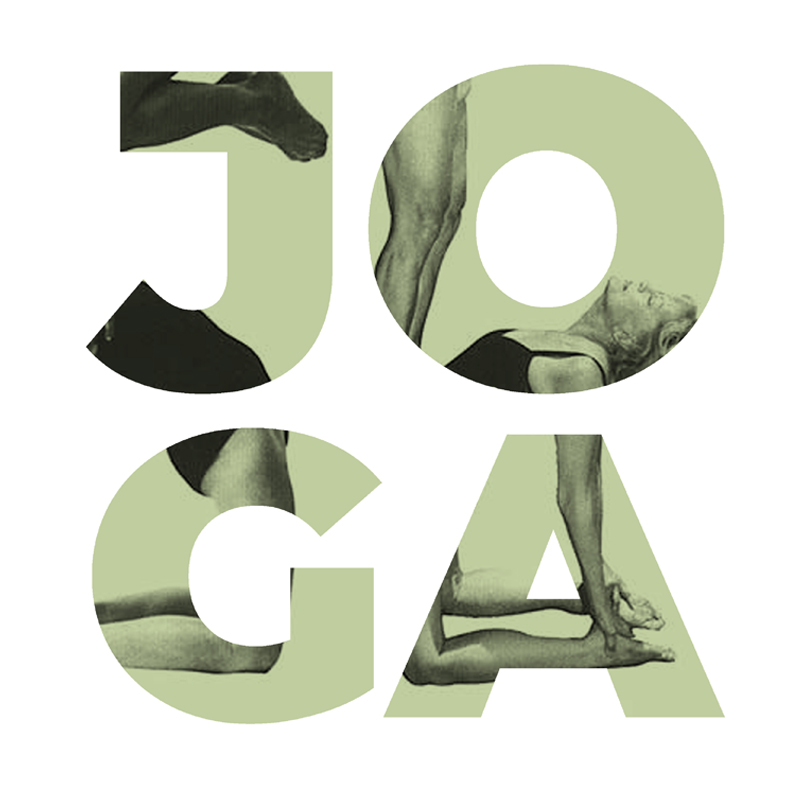 Na grafice fragmenty zdjęć, na których widać osoby ćwiczące jogę, układają się w napis JOGA. Oprócz grafiki na plakacie znajdują się informacje tekstowe dostępne w treści artykułu. 