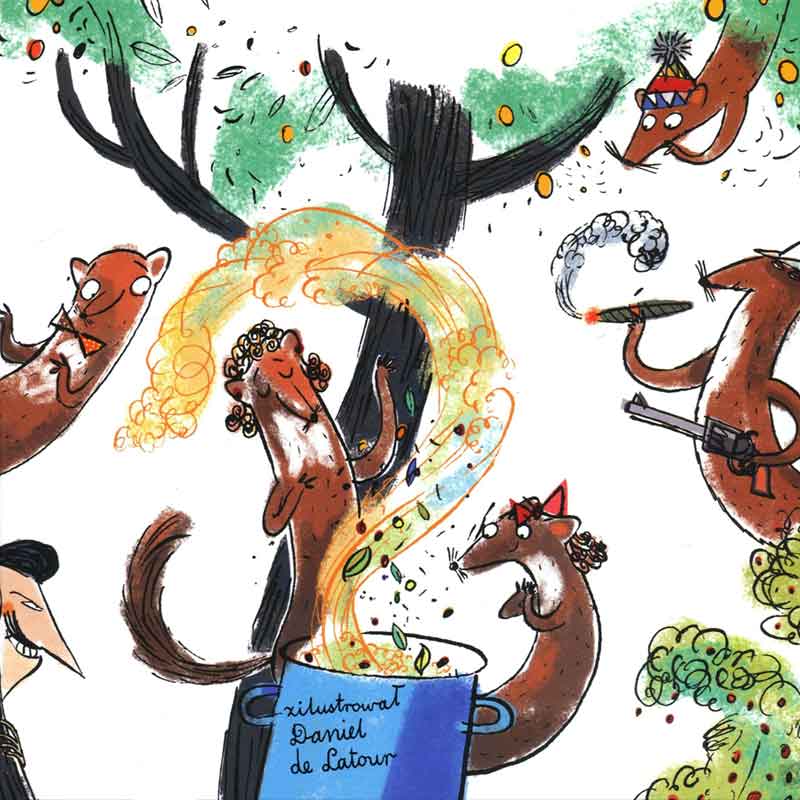 Ilustracja z okładki książki:  przy drzewie pięć kun gotuje potrawę w dużym garnku