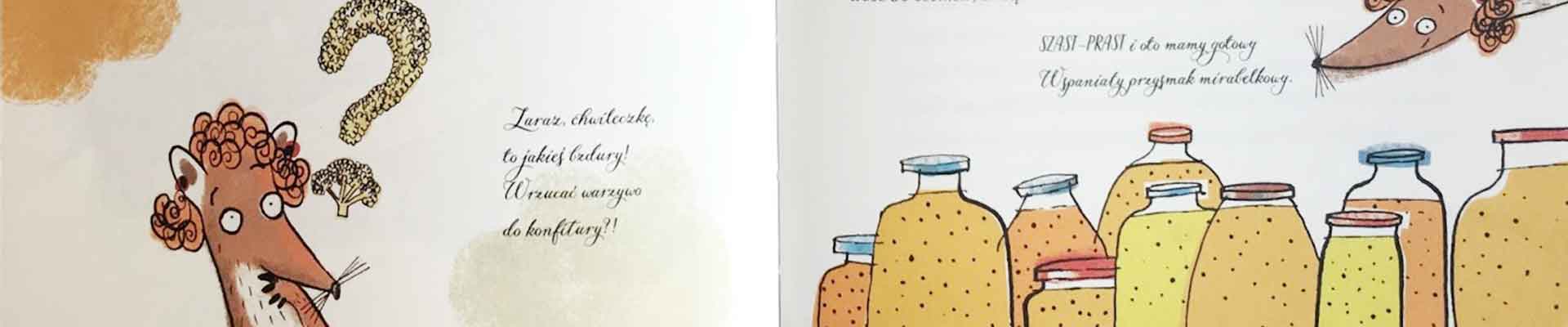 Kuny gotujące posiłek. Ilustracja z książki "Pięć sprytnych kun", tekst: Justyna Bednarek, ilustracje: Daniel de Latour, 2016, wydawnictwo: Poradnia K.