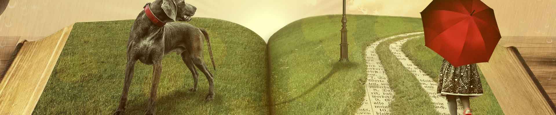 Ilustracja: otwarta książka. Jej strony porasta trawa, po idzie dziewczynka z parasolem  i pies.