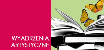 Pozioma ilustracja: po prawej książki; po lewej jednolity kwadrat , na nim napis "sztuka".