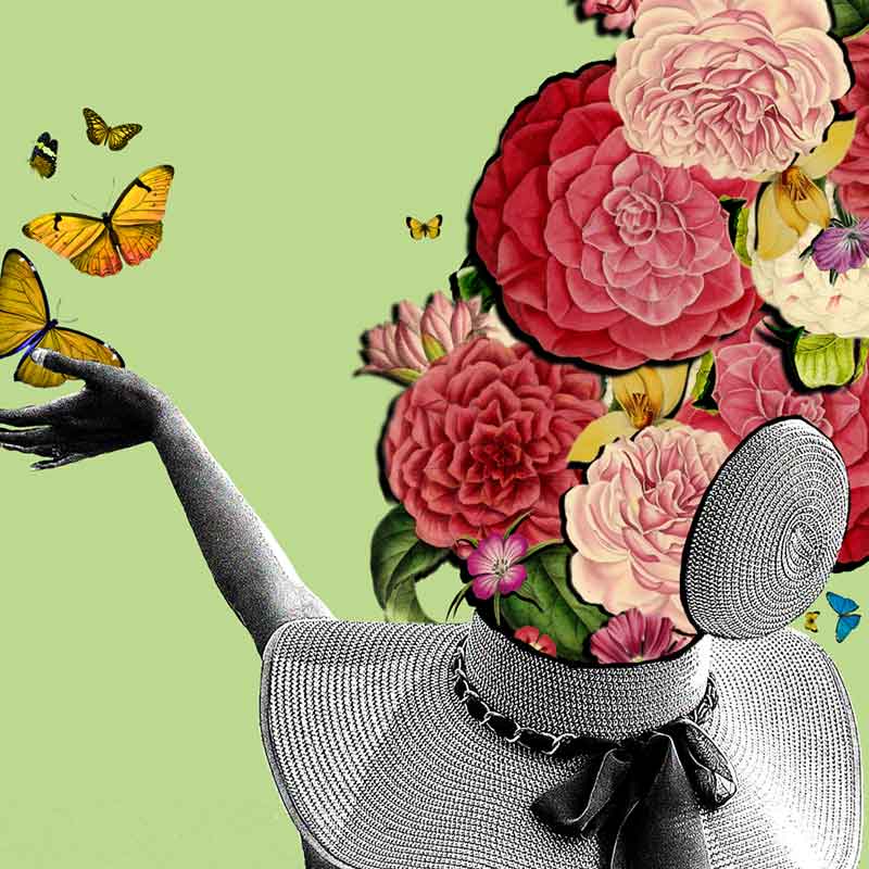 Ilustracja: na jednolitym tle odwrócona tyłem kobieta w kapeluszu słomkowym. Kapelusz jest otwarty, a prosto z głowy postaci wyrastają kwiaty. Kobieta z lewej ręki wypuszcza motyle. .Il. Ela Biryło