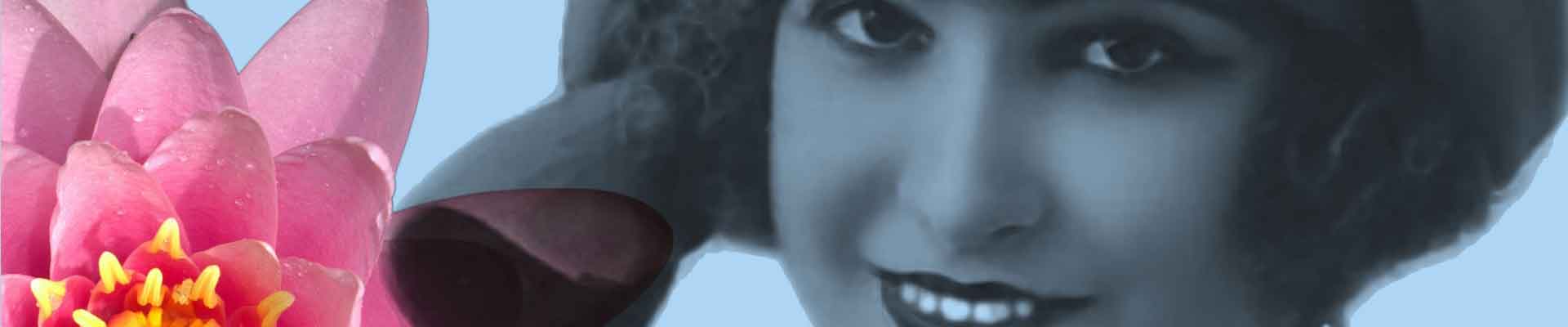 Kolaż foto: twarz kobiety w retro kapeluszu i obok duży kwiat.