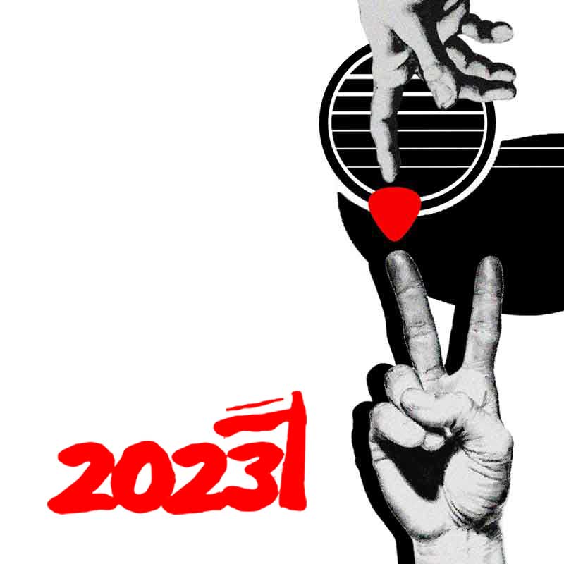 Grafika: na tle str"victorii" dotykają się przez piórko do gitaryun gitary dwie dłonie, w tym jedna w geście . W lewym dolnym rogu stylizowana na logo "Solidarności" data 2022