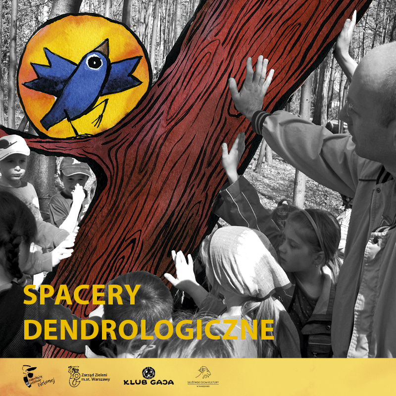 Grafika przedstawia grupę uczestników dotykających drzewa. Grafika jest połączeniem zdjęcia oraz ilustracji. Na drzewie widać również rysunek ptaka. 