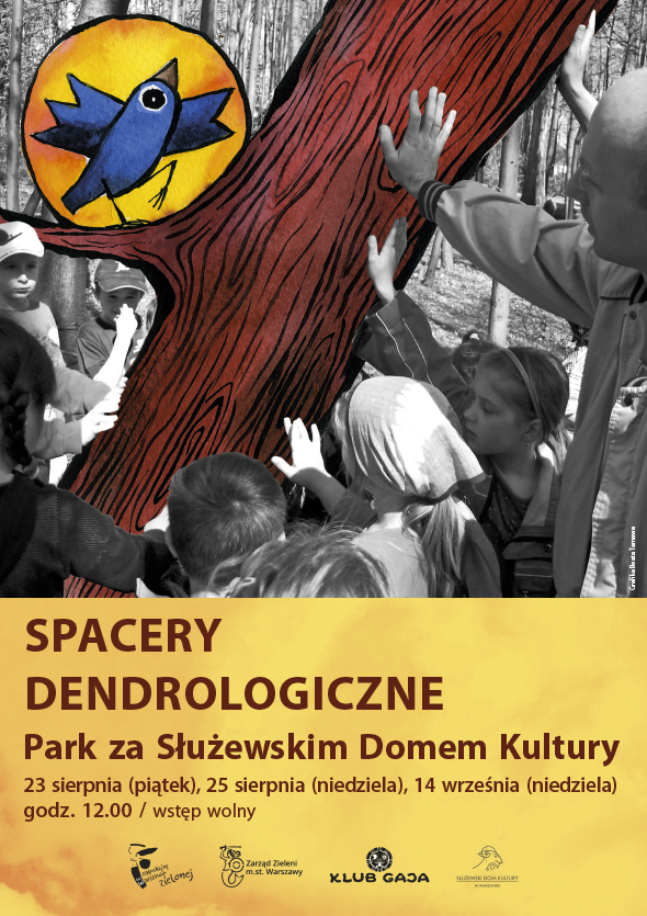 Plkat przedstawiający uczestników spaceru dotykających drzewa. W dolnej części grafiki szczegóły imprezy i logotypy organizatorów