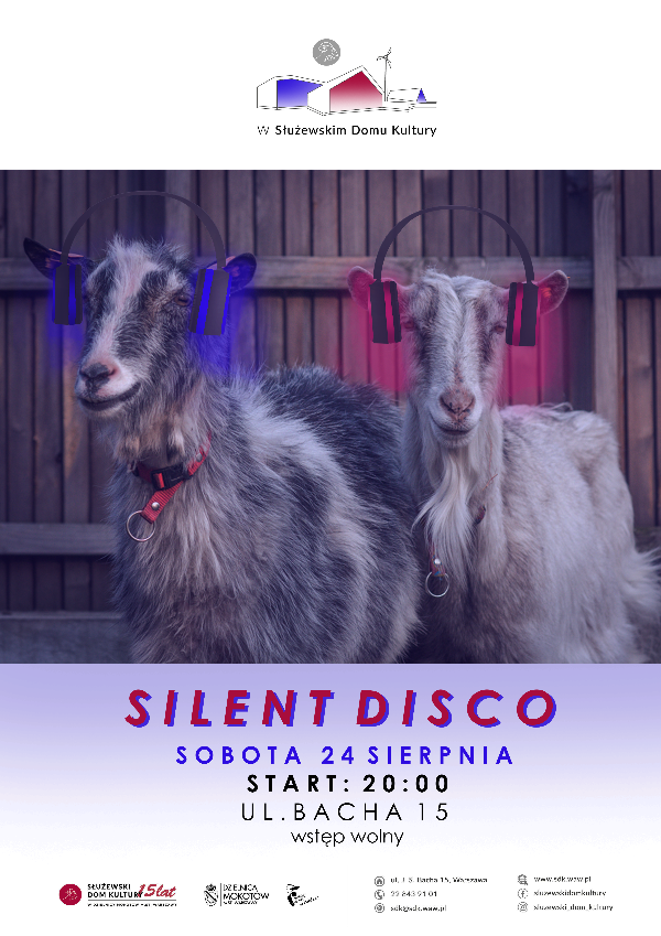Plakat przedstawia dwie kozy z obrobionymi graficznie słuchawkami do silent disco na uszach. Grafika w fioletowych tonach. W dolnej części plakatu szczegóły wydarzenia