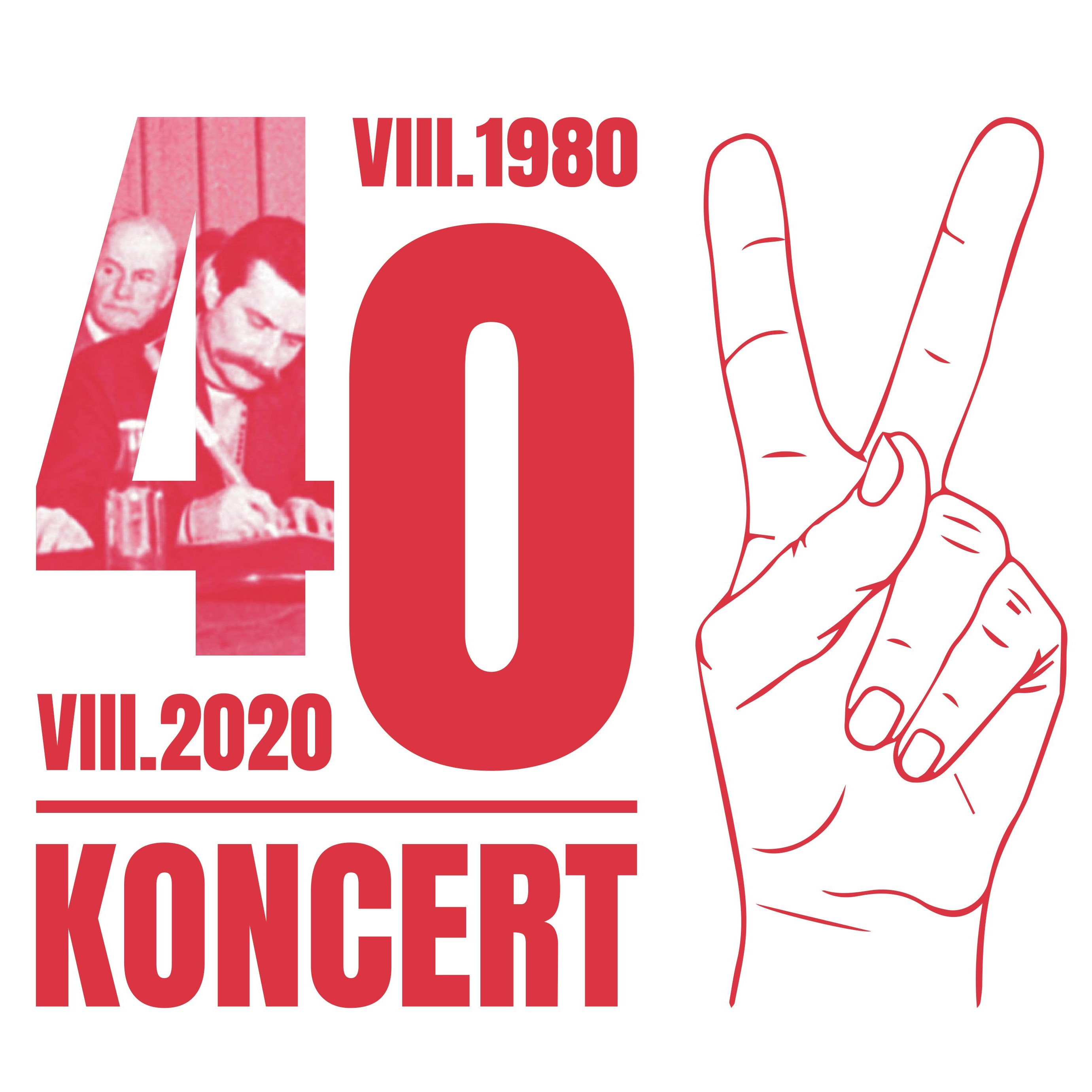 Oo prawej stronie grafiki widać narysowaną rekę pokazującą znak victorii - podniesione dwa palce, wskazujący i środkowy - na lewo obok dłoni widać dużą liczbę 40, w tle której widać Lecha Wałęsę Podpisującego Porozumienia Spierpniowe. U góry data historyczna, pod liczbą - data koncertu. Font czerwony. Białe tło.