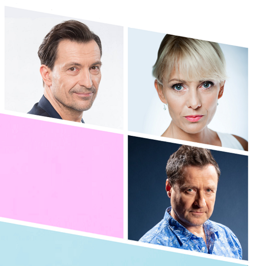 Grafika p[rzedstawia portrety trzech aktorów (dwóch mężczyzn i kobiety), którzy odgrywają przypisane im postaci. Portrety są wpisane w romb, z czego jeden (dolny, po lewej stronie) jest pusty - jest wypełniony różowym tłem.