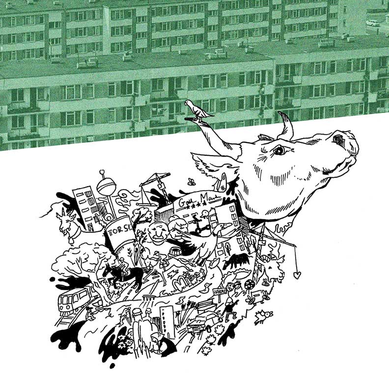 Grafika. na górze fragment bloku mieszkalnego i napis: Osiedlowa Krowa - (służew)ieckie historie. Centralnie: rysunek krowy, dużą głowa krowy, jej ciało to rysunek wielu symboli  Służewa.