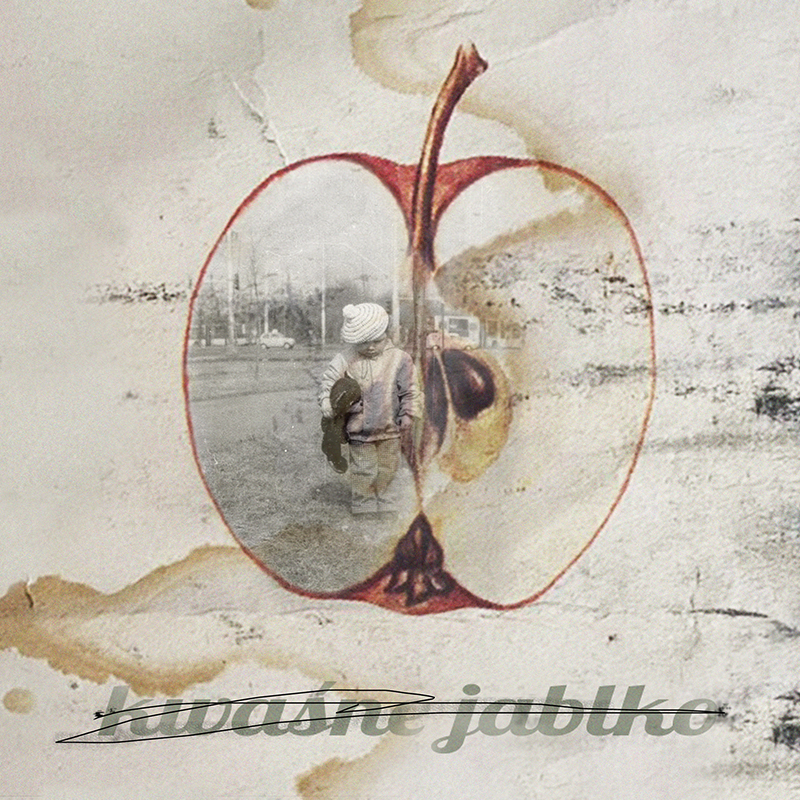 Grafika przedstawiająca przekrojone jabłko. W nim stare zdjęcie dziecka z misiem.