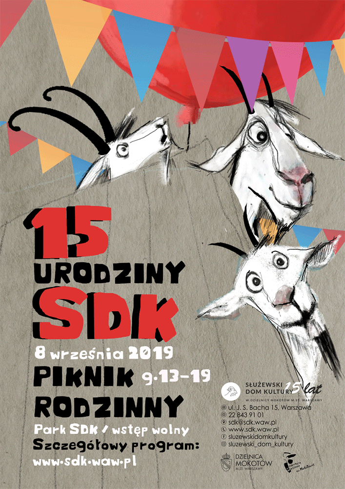 Na grafice trzy głowy kóz, balony oraz kolorowe girlandy. Oprócz grafiki tytuł: 15 urodziny SDK - piknik rodzinny. Oraz informacje dot. godziny oraz daty. 