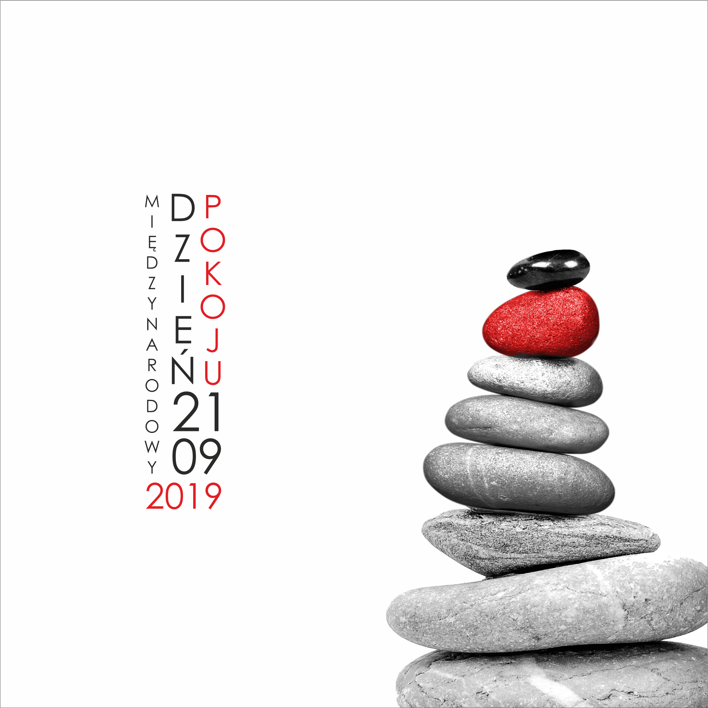 Grafika przedstawia okrągłe kamienie poustawiane jeden na drugim, w stosie. Od największego do najmniejszego. Szczytowe kamienie w dwóch kolorach - czerwonym i czarnym. Obok informacja tekstowa o tytule i dacie wydarzenia.