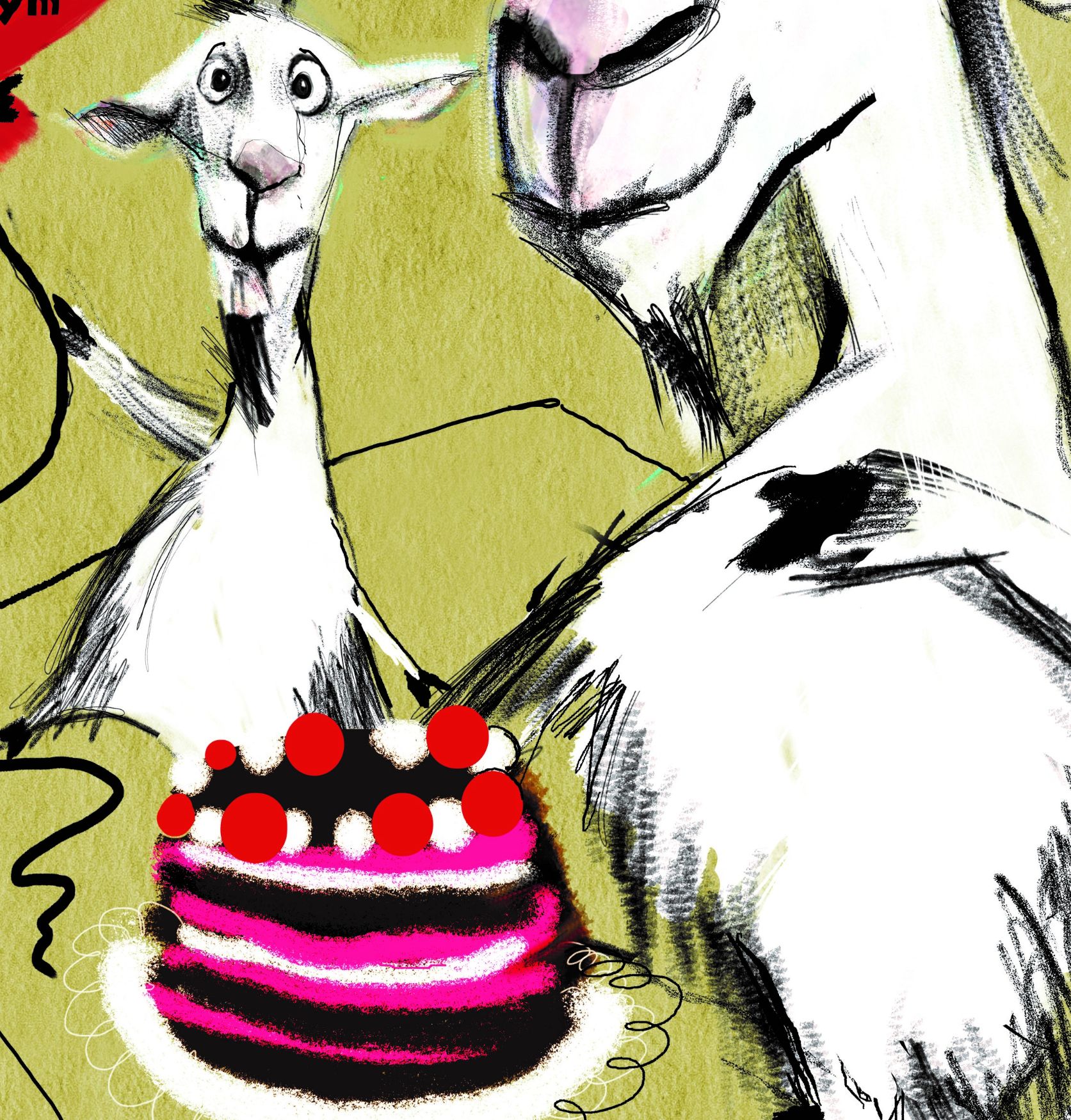 Afisz prezentujący dwie kozy z kolorowym tortem. Tło plakatu w odcieniach beżu i brązu