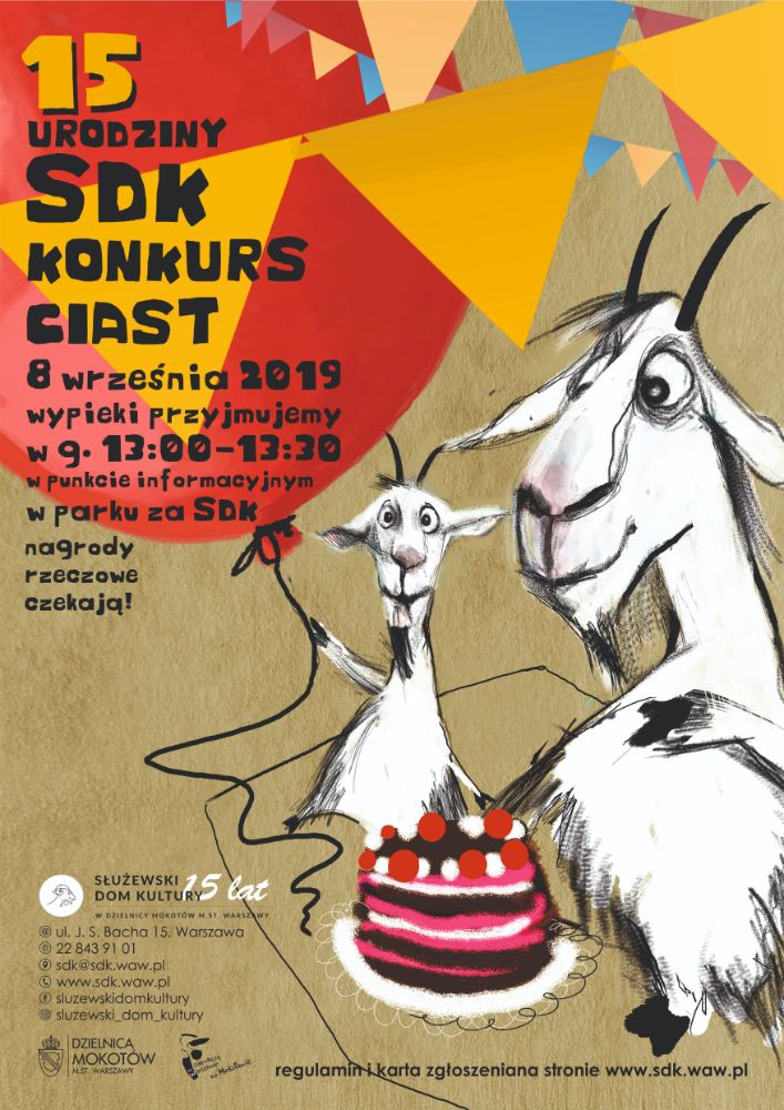 Afisz Służewskiego Konkursu Ciast Afisz prezentująca dwie kozy z kolorowym tortem. W tle czerwony balon oraz kolorowe chorągiewki. Tło plakatu w odcieniach beżu i brązu
