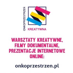 Na grafice na białym tle jest logotyp instytucji organizującej wydarzenie (taśma filmowa w kolorach różowym, żółtym i niebieskim przełamana na trzy części i wpisana w kwadrat). Pod spodem napisy:warsztaty kreatywne, filmy dokumentalne, prezentacje internetowe online: onkoprzestrzen.pl