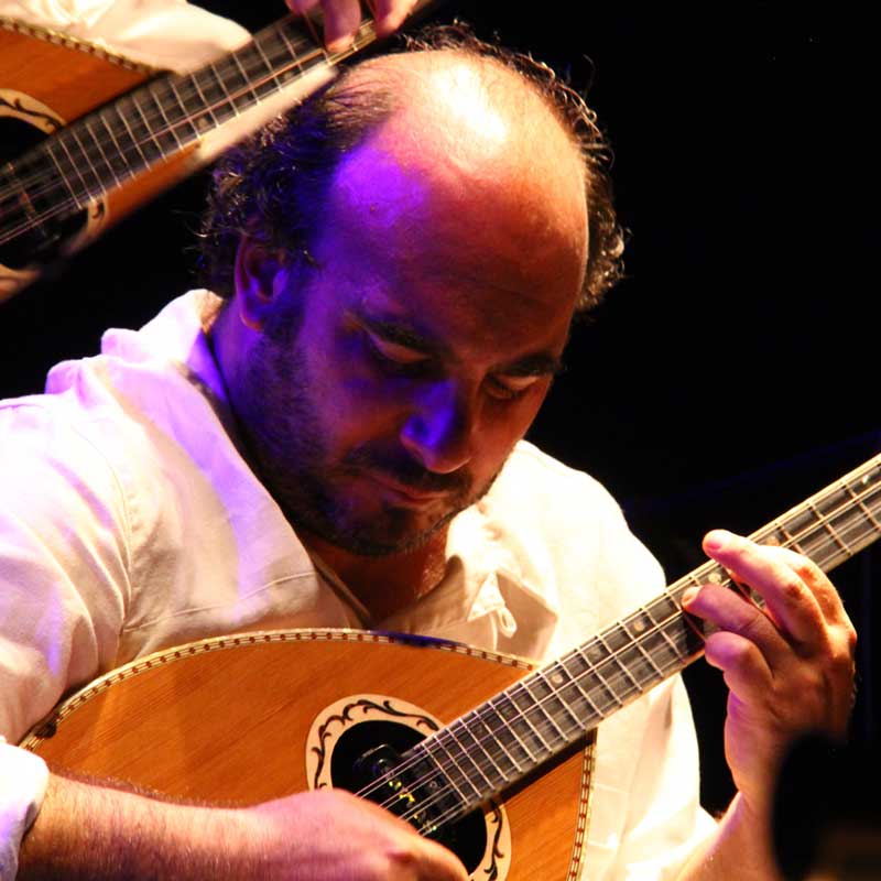 Zdjęcie Aleksandrosa Tefakirisa z instrumentem na scenie podczas koncertu.