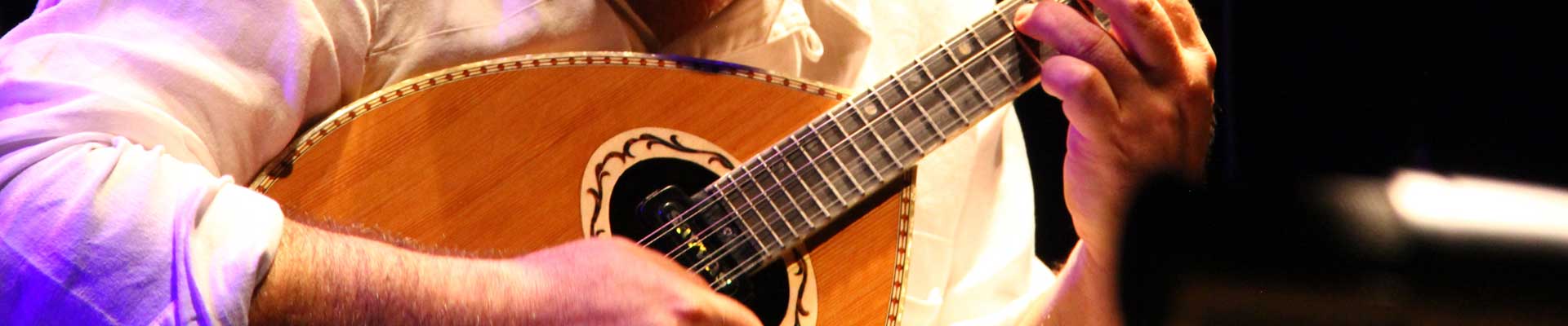 Zdjęcie Aleksandrosa Tefakirisa z instrumentem na scenie podczas koncertu.