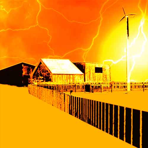 Grafika: obraz zabudowań SDK na tle apokaliptycznej burzy.