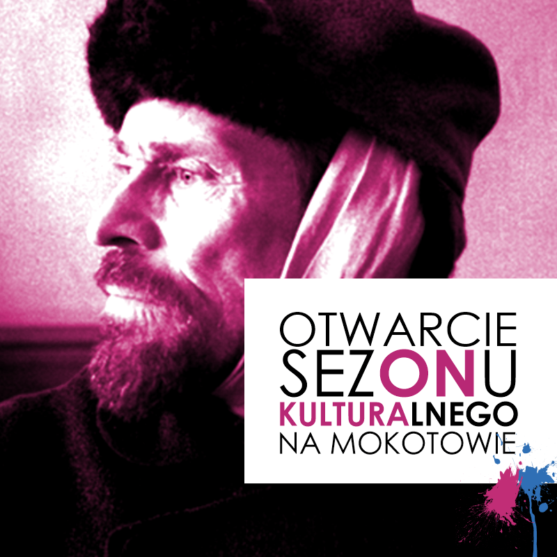 Fragment kadru z opisywanego filmu: twarz z profilu Willema Dafoe jako Vincent van Gogh; na obrazie napis: "Otwarcie sezonu artystycznego na Mokotowie"  Fot. za https://vod.mdag.pl/