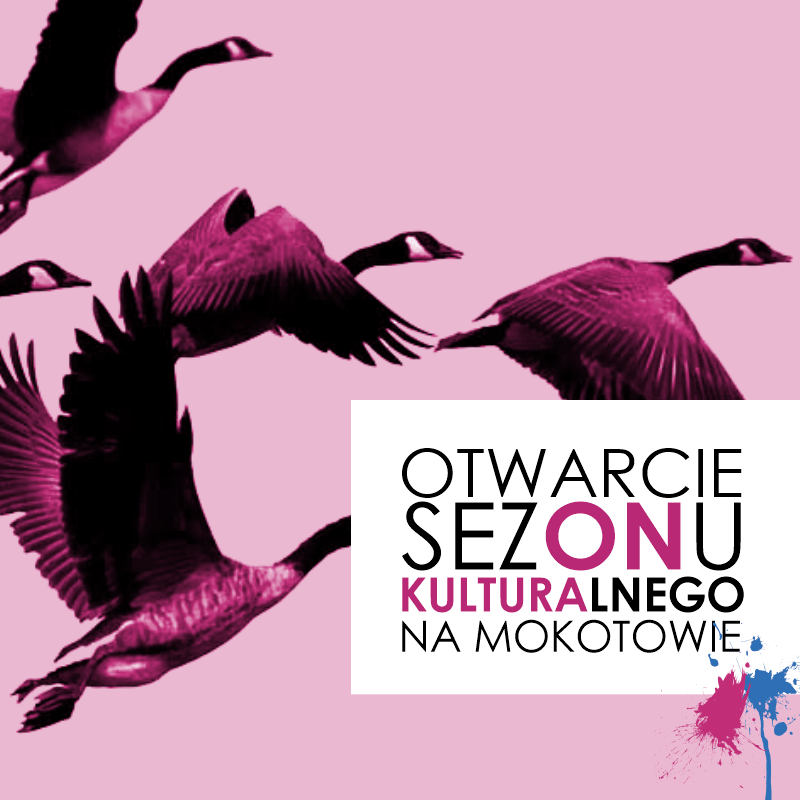 Klucz gęsi w locie, na obrazie napis: "Otwarcie sezonu artystycznego na Mokotowie". Fot za pixaby.com