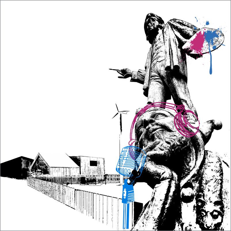 Grafika: motyw mokotowskiego pomnika Jana Matejki (na górze męska postać z pędzlem i paletą do farb; na dole stańczyk ze słuchawkami na uszach i mikrofonem) za postaciami na dole zabudowania SDK z wiatrakiem.  Aut. Ela Biryło