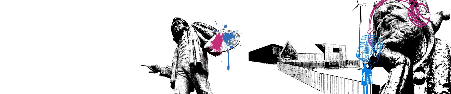 Grafika: motyw mokotowskiego pomnika Jana Matejki (centralnie męska postać z pędzlem i paletą do farb; po prawej stańczyk ze słuchawkami na uszach i mikrofonem) przy postaciach na dole zabudowania SDK z wiatrakiem.  Aut. Ela Biryło