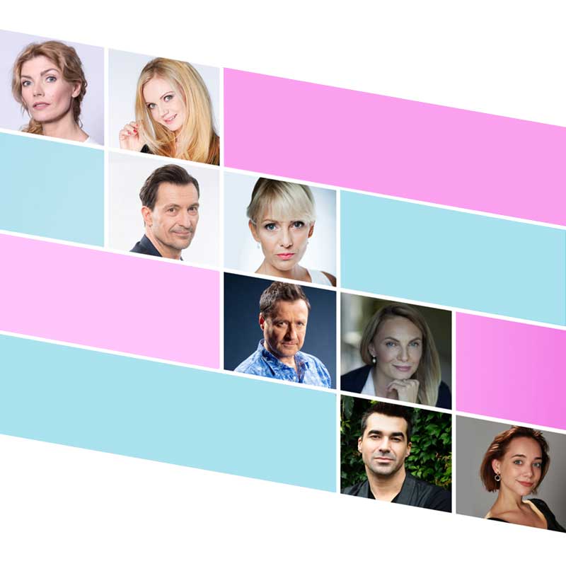 Kolaż fotografii portretowych aktorów biorących udział w spektaklu.