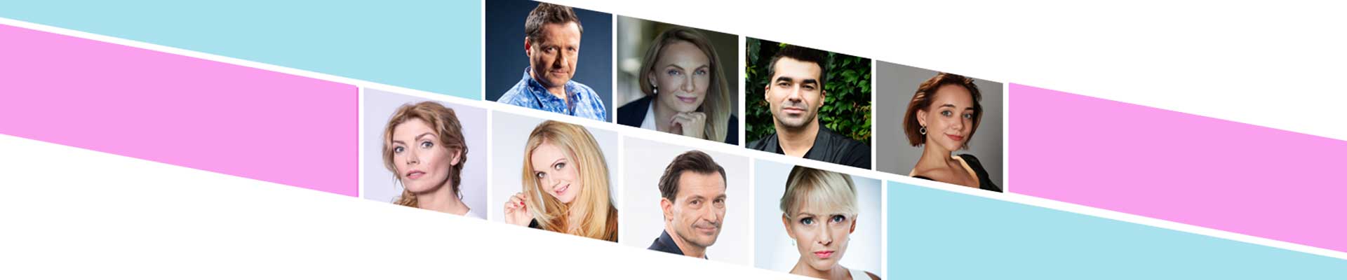 Kolaż fotografii portretowych aktorów biorących udział w spektaklu.