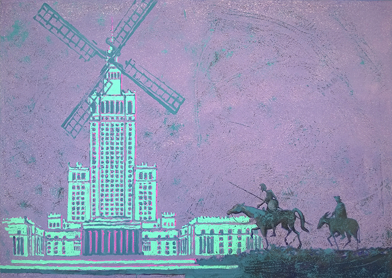 Na grafice zdjęcie obrazu Krzysztofa Trzaski. Na obrazie, na fioletowym tle niebieski Pałac Kultury. Z prawej strony dwie postacie, jedna na koniu z lancą w ręku. Druga postać na osiołku za pierwszą. Obie postacie skierowane w stronę pałacu.