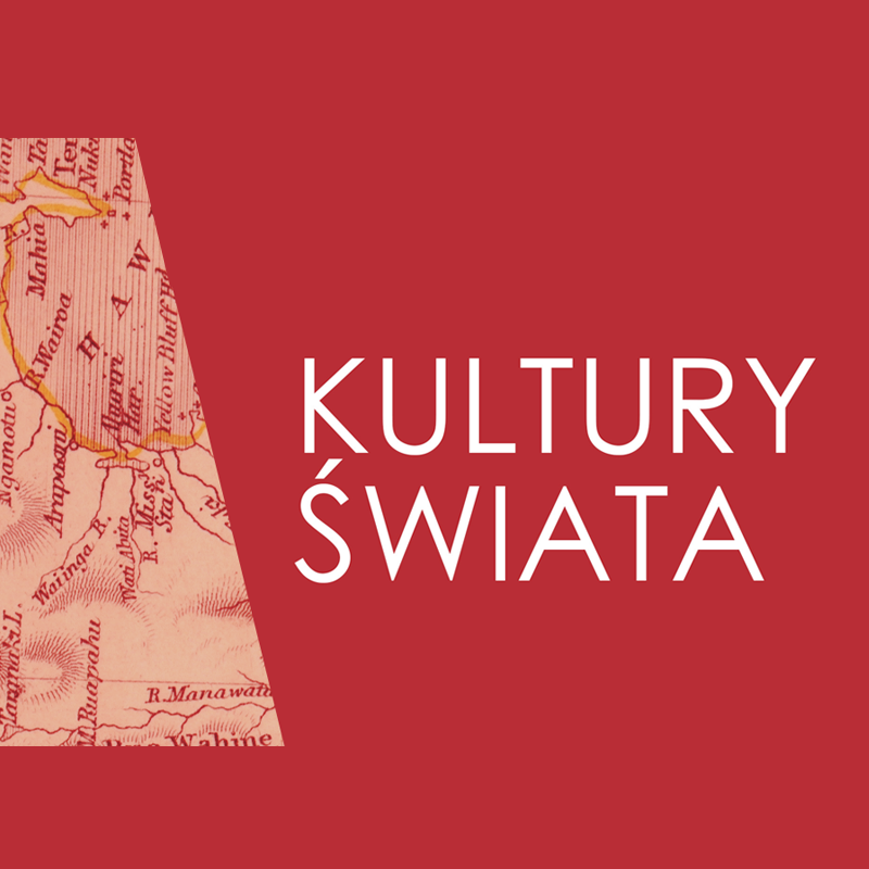 Na grafice, po lewej stronie fragment mapy. Po prawej stronie biały napis na czerwonym tle - Kultury świata