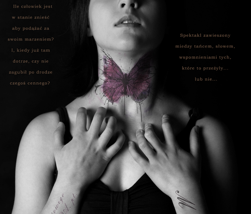 Na grafice zdjęcie dziewczyny na czarnym tle. Dziewczyna z podniesioną głową trzyma ręcę na szyi jakby ją drapała.