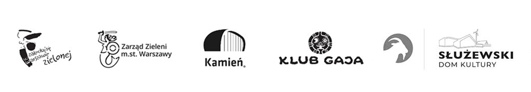 Belka z logo współorganizatorów wydarzenia. Od lewej : logo m. st Warszawy "syrenka-zakochaj się w zielonej Warszawie; logo Zarządu Zieleni m. st. Warszawy; logo ośrodka "Kamień"; Logo Klubu Gaja; logo Służewskiego Domu Kultury