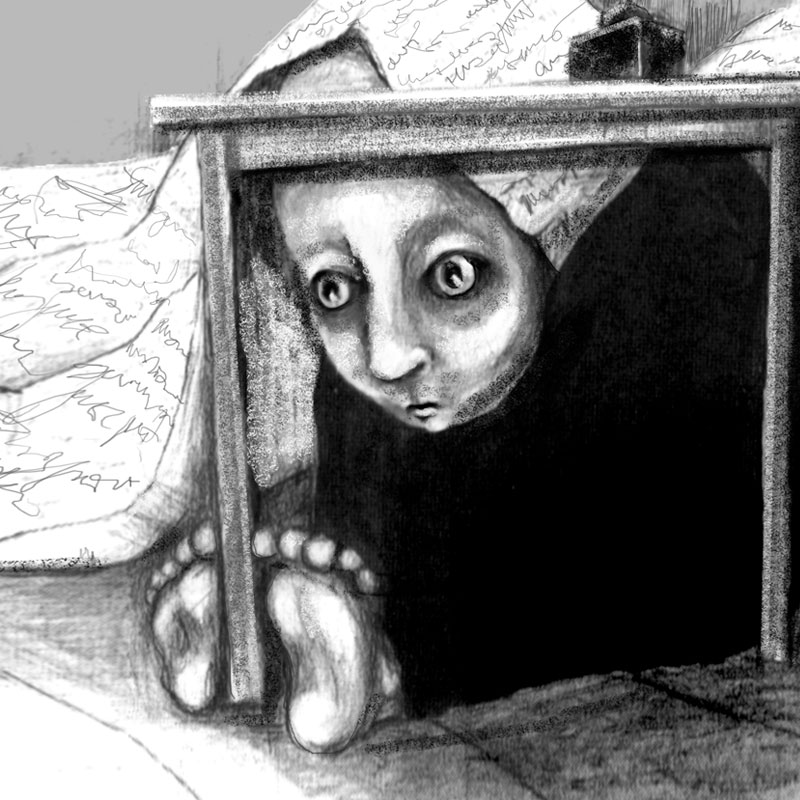 Na grafice ilustracja przedstawiająca tytułowego Dusioła - postać przygarbioną, w ciemnych kolorach i z dużymi oczami. Postać chowa się pod stolikiem.